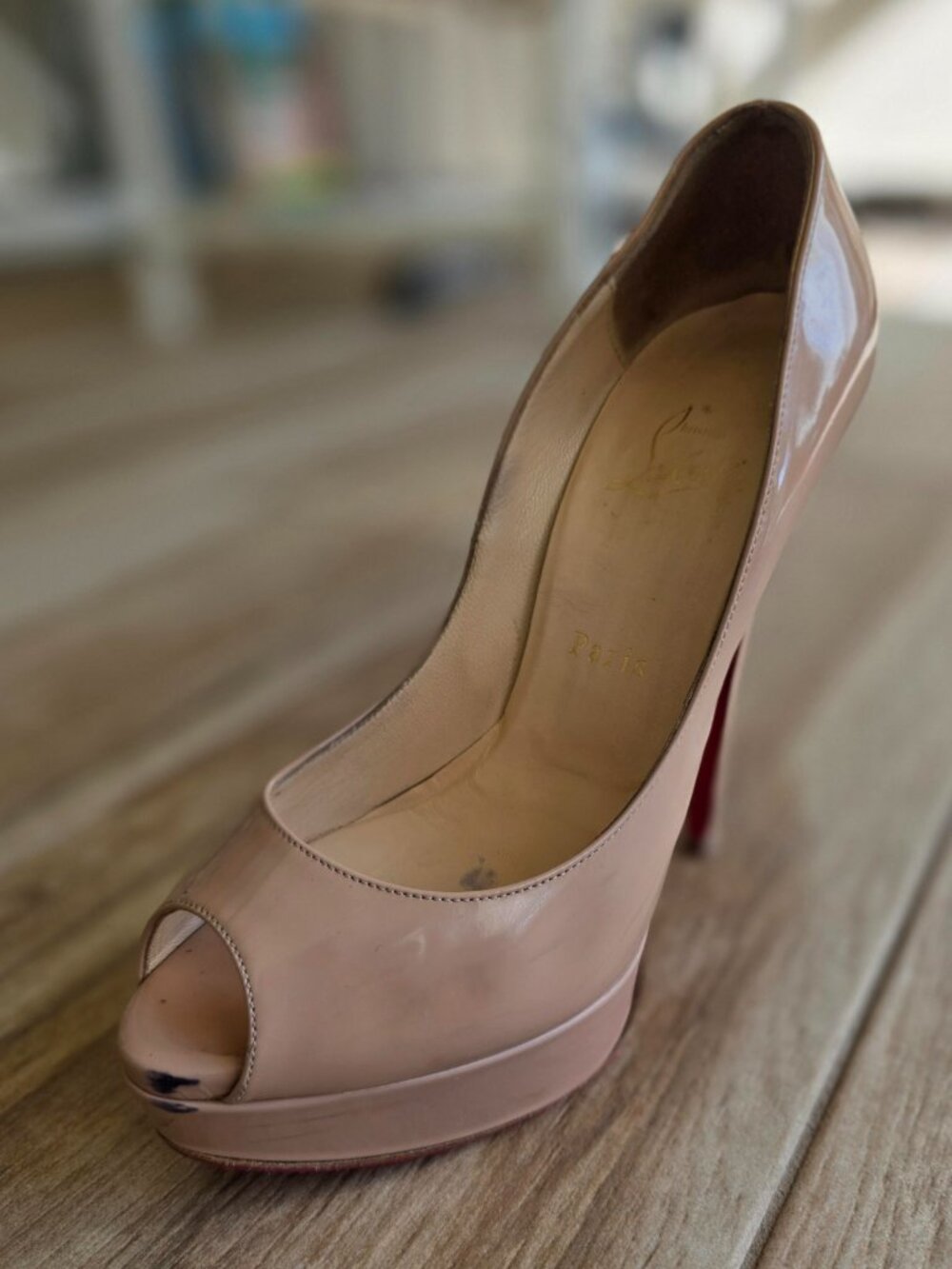 Christian Louboutin Nude Patent Leather Lady Peeps Open Toe Shoes Eur. 38